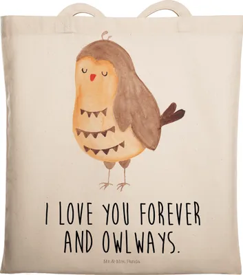 Produktbild von Mr. & Mrs. Panda Stoffbeutel Eule Zufrieden - Transparent - Geschenk, Hochzeitstag, Jutebeutel, Liebesspruch, Liebe Spruch, umhängebeutel, Owl, Laptoptasche, Schultasche