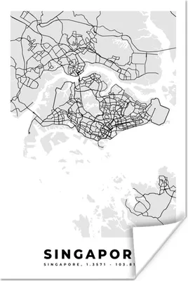 Produktbild von MuchoWow® Poster Singapur - Karte - Stadtplan - Schwarz und weiß - Karte 20x30 cm - Papierdruck