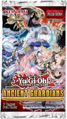 A booster pack for the Yu-Gi-Oh! Trading Card Game, featuring artwork from the 'Ancient Guardians' set.