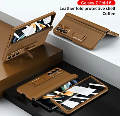 Image de Étui pour Samsung Galaxy Z Fold 6 étui en cuir rigide avec protection de l'écran, protection de la lentille, support marron