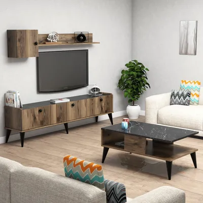 Produktbild von skye-decor Wohnzimmermöbel-Set Lidya 1, Nussbaum, 100% melaminbeschichtete 18mm Spanplatte, wandmontierbar, mit viel Stauraum, 180 x 49 x 35 cm