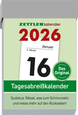 Produktbild von Zettler Tagesabreißkalender S 2026 - Abreißkalender 4 × 6 cm, 1 Tag pro Seite mit Sudoku, Rezepten, Rätseln & Tipps auf den Rückseiten,