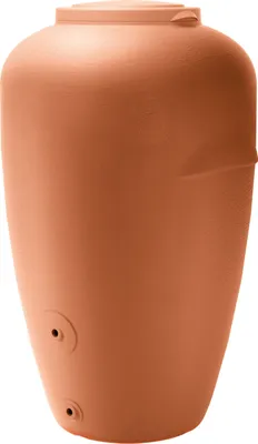 A terracotta colored rain barrel with two spigots on the lower front.