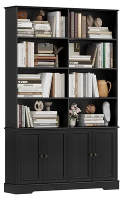 Image de Bibliothèque de salon - Étagère indépendante avec portes - 6 étagères - Grande armoire de rangement et de décoration en bois - 120 x 27 x 185 cm - Noir