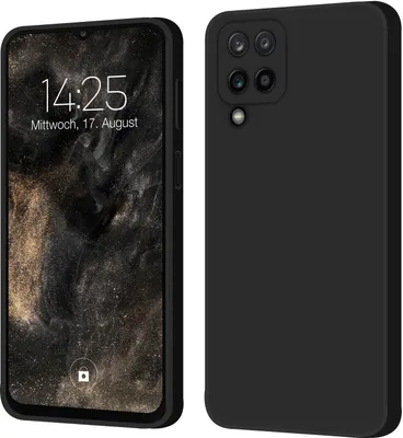 A black smartphone case is shown from the front and back.