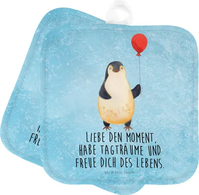 Produktbild von Mr. & Mrs. Panda Topflappen Pinguin Luftballon - Eisblau - Geschenk, Geschenkidee, Topfuntersetzer, Set, Kochlappen, Glück, Liebe, Topflappenset, topfhalter
