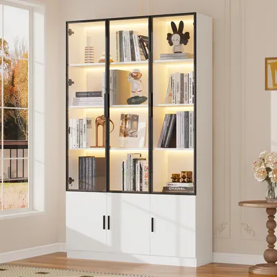 Produktbild von Merax Vitrine mit mit 6 unabhängigen Schranktüren, Glasvitrine mit LED per App, Hochschrank Multifunktionsschrank mit Kippsicherung, Weiß