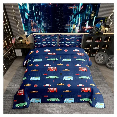 Produktbild von Bettwäsche für Jungen mit Autos in Blau und Bunt, Cartoon-Design, 135x200 cm, Bettbezug für Mädchen und Teenager, modernes Heißluftballon- und Ampelmuster, 2-teiliges Bettwäscheset