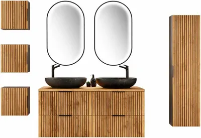 Productafbeelding van Ensemble KINOKO : meubels onder wastafel + 2 ronde zwarte opzetwastafels + 2 LED-spiegels + opbergmeubels