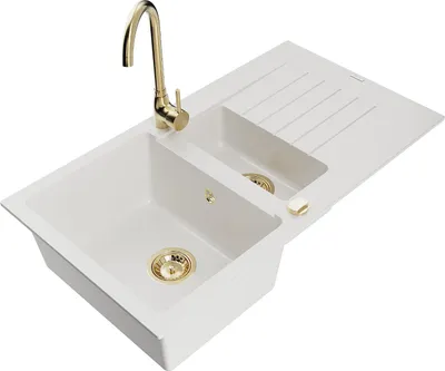 Immagine prodotto di Mexen Matias lavello in granito 1,5 vasche con sgocciolatoio e rubinetto da cucina Telma, bianco - 6502-20-670200-50