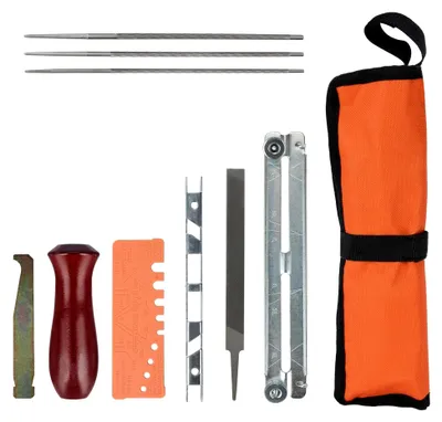 Produktbild von Kettensägen-Schärfset, 9-teilig mit Rundfeilen von 4/4,8/5,5 mm, 6 Zoll, Tiefenlehre und Schnellprüflehre, Orange