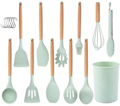 Produktbild von Unyqoos® 12‑teiliges Silikon-Küchenhelfer-Set mit ergonomischen Holzgriffen, hitzebeständig bis 230 °C, Antihaft-Utensilien inkl. Halter & 6 Haken