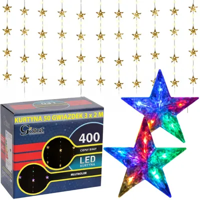 Zdjęcie produktu dla Kurtyna Świetlna 3X2M 50 Gwiazdek Ozdoby Świąteczne Lampki 400 Led Ciepły Biały/Multicolor