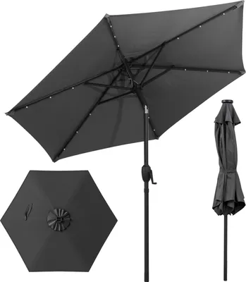 Image de COSTWAY Parasol 230cm Parasol de jardin avec éclairage solaire LED, manivelle & 6 baleines, pliable des deux côtés à 35° Parasol de terrasse Parasol de marché Anthracite