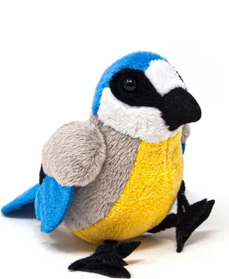 A plush toy bird is shown against a white background.