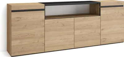 Image de COZY Buffet salon et cuisine, 200x35x75cm, 4 Portes, Meuble chaussure, Chêne et noir