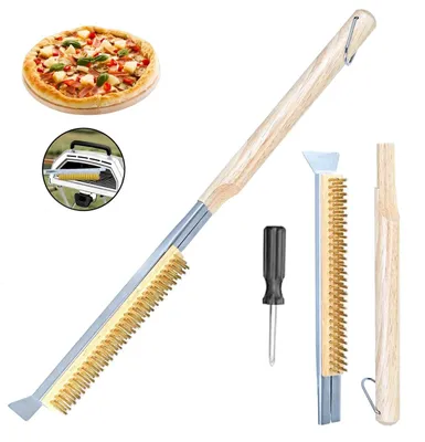 Produktbild von Pizzastein-Bürste Pizzaofenbürste Ofenbürste - Edelstahlschaber - Messingborsten - 66 cm - Mit Holzgriff und Aufhängeöse