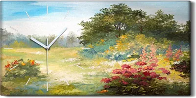 Produktbild von Wanduhr Bürouhr Leinwand Bild 60x30 Malerei Wald Bäume Blumen Landschaft Kunst - weiße Hände