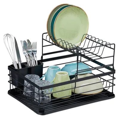 Productafbeelding van TRANKIELO® - Afdruiprek met lekbak van metaal - 18 x 42,5 x 31,5 cm - Praktisch voor de keuken - Zwart
