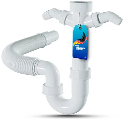 Produktbild von LOBENSWERK Siphon für Küchenspüle mit flexiblem Ablaufschlauch - 100% Wasserdicht - Röhrensiphon mit zwei Geräteanschlüssen + Anschlussdichtungen