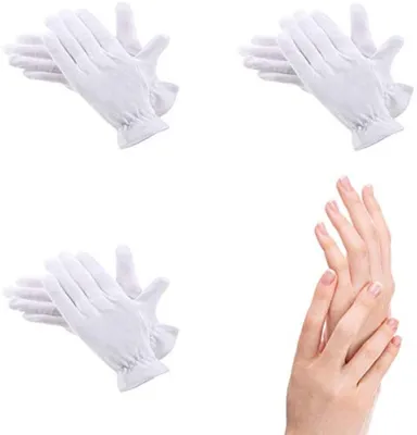 Produktbild von PromoHome® 3 Paar weiße Baumwoll-Nachthandschuhe für Feuchtigkeitsbehandlung – Wiederverwendbar, elastisches Handgelenkband, 100% Baumwolle