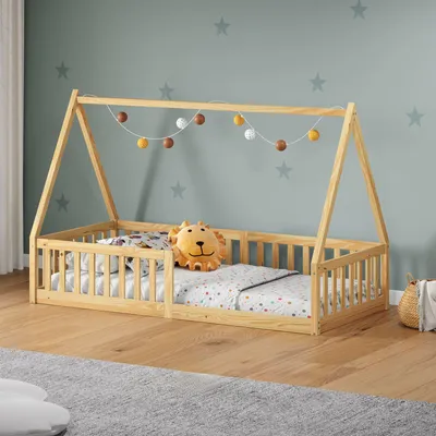 Produktbild von Hausbett NICOLAS 90 x 190 cm natur -  bodentiefes Kinderbett inkl. beidseitigem Rausfallschutz, Montessori Bett aus Massivholz