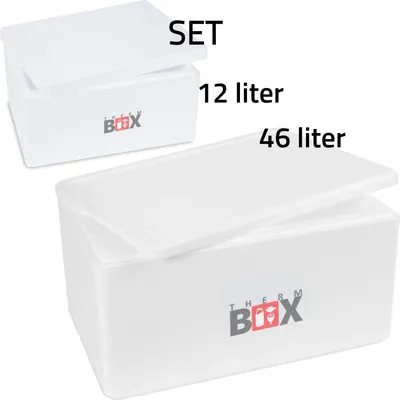 Two white styrofoam boxes, one smaller and one larger, are shown against a white background. Text labels indicate their sizes and the brand.