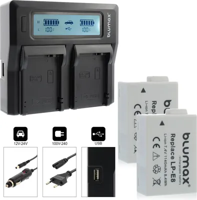 Produktbild von 2x Akku + Lader für Canon Lp-E8 EOS 550D 650D 700D Rebel T3i 1140 mAh (7,2V)