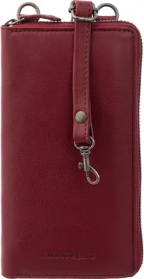 A red leather mobile bag or wallet is shown against a white background.