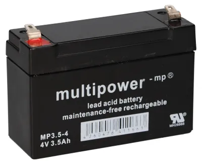 A black lead-acid battery with white text and logos.