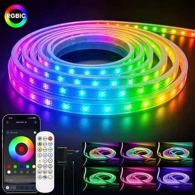 Obrázok produktu pre RGBIC LED pásik – Inteligentné LED osvetlenie – 10 m – Ovládanie cez aplikáciu a diaľkový ovládač – Synchronizácia s hudbou – Vodotesný – Bez blikania – 220–240 V, európska zástrčka