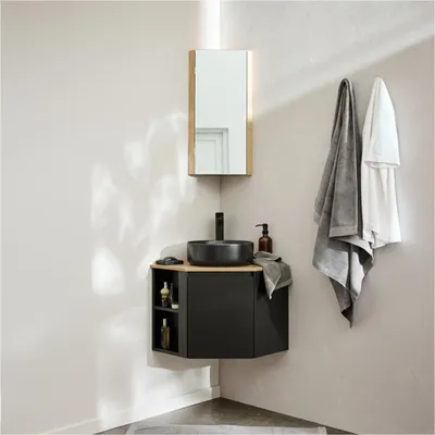 Produktbild von Eckwaschtisch-Set + Waschbecken + Wasserhahn + SORRENTO Eckbadezimmerschrank