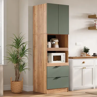Productafbeelding van Flieks keukenkasten met deuren, hoge kasten met lades en planken voor magnetrons, dressoirs met omvalbeveiliging, 200 cm, groen, MDF