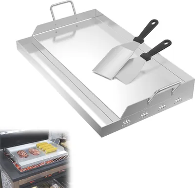 Obrázek produktu pro LZQ Grilovací deska z nerezové oceli s rukojetí 47x32x7 cm, rovnoměrné rozložení tepla pro plynové grily a grily na dřevěné uhlí - Včetně 2x grilovací špachtle, nerezová a odolná proti poškrábání