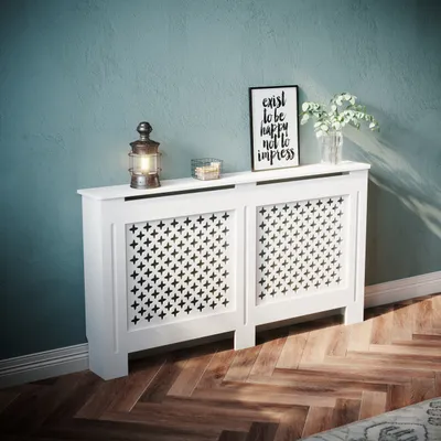 Produktbild von SONNI weiß Heizkörperverkleidung 152 cm Heizkörperabdeckung Kreuzgitter
