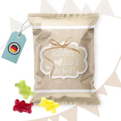 Produktbild von Fruchtgummi Tütchen Schön, dass du da bist beige creme – Gastgeschenk Hochzeit vintage100 Stück