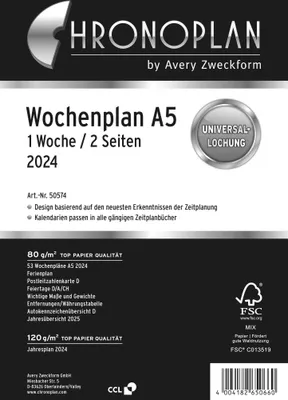 Zdjęcie produktu dla Tygodniowy harmonogram CHRONOPLAN 2024 1 tydzień/2 strony A5 wiersz