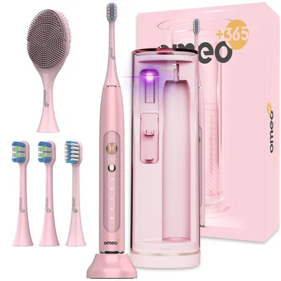 Produktbild von Sonic Zahnbürste Omeo +365 UV Sanitizer Pink – 5 Modi – 82.000 Vibrationen – UV-Etui – Gesichtsreinigungsaufsatz