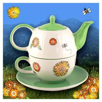 Produktbild von Mila Keramik Tee Set Tea for One Sunny Sunflowers Kanne ca. 400ml & Tasse ca. 250ml mit Untere Sonnenblumen Bienen zum Genießen und als Geschenk zum Schöpfen von Zuversicht und innerem Wohlbefinden