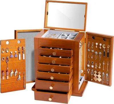 Image de Grande boîte à bijoux en bois à 7 compartiments, marron, pour femmes