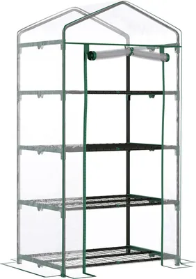 A clear, front-facing view of a four-tier greenhouse shelving unit with a clear plastic cover.