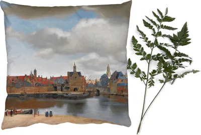 Produktbild von MuchoWow® Zierkissen Sofakissen Wohnzimmer Dekokissen 40x40 cm Vermeer - Stadt - Alte Meister - Kunst - Foto Kissen - Schlafzimmer Dekoration