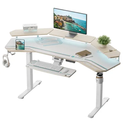 Produktbild von eureka-ergonomic Elektrisch höhenverstellbarer Gaming Schreibtisch, 182x76cm, Weiß, mit dreh- & neigbarem Monitorständer und Tastaturablage, Flügel-Design, aus Kohlenstoffstahl & Holz, wasser-, hitze- & kratzfest