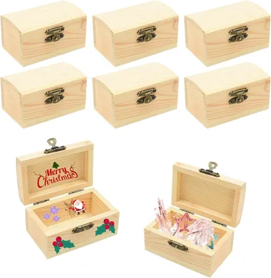 Productafbeelding van Mini-schatkist van hout, 6 stuks, kleine houten kist met deksel, gebogen knutseldoos voor kinderen om te beschilderen