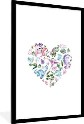 Produktbild von MuchoWow® Gerahmtes Poster Kinderzimmer - Herz - Dinosaurier - Mädchen - Kinder - Rosa - Kinder 60x90 cm - Poster mit Schwarzem Bilderrahmen Wandposter Rahmen Foto Bilder - Dekoration - Wandposter Wohnzimmer - Hochwertig