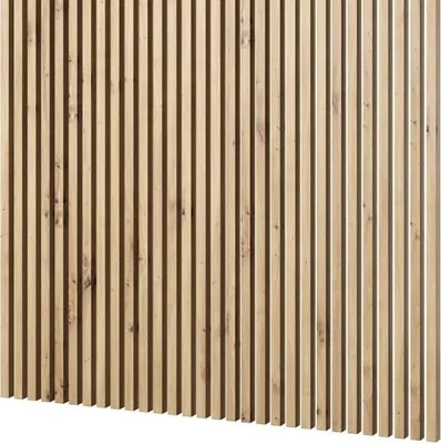 A wall covered with vertical wooden slats.