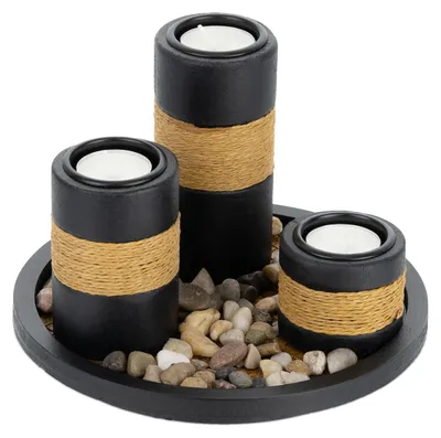 Teelichthalter-Set mit Tablett & Steinen, Ø 19,5 cm, Schwarz
