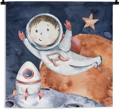 Produktbild von MuchoWow® Wandteppich Wandbehang Weltraum - Mond - Rakete - Jungen - Mädchen - Kinder 150x150 cm Tapisserie Dekoration Wandtuch - Wohnaccessoires - Modernes