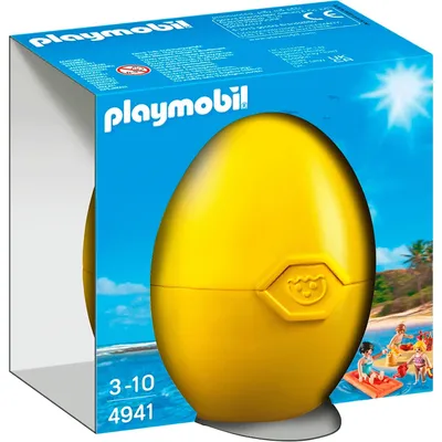 A Playmobil egg-shaped toy packaging with a beach scene illustration.