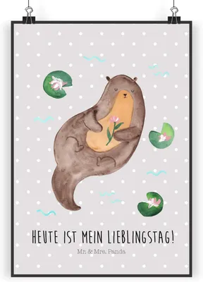 Produktbild von Mr. & Mrs. Panda Bild Otter Seerose DIN A3 - Grau Pastell - Geschenk, wanddeko, Seeotter, Lieblingstag, Wasser, Wanddekoration, Kunstdruck, Wandbild, Fluss, drucke